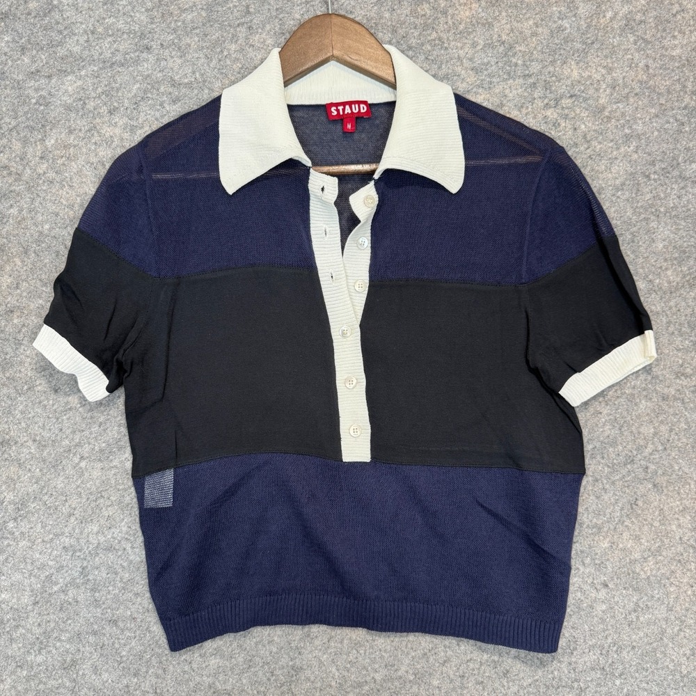 STAUD Polo Shirt Sweater Womens Medium Sheer Pannel Colorblock Lightweight Knit